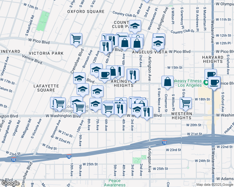 map of restaurants, bars, coffee shops, grocery stores, and more near 1642 5th Avenue in Los Angeles