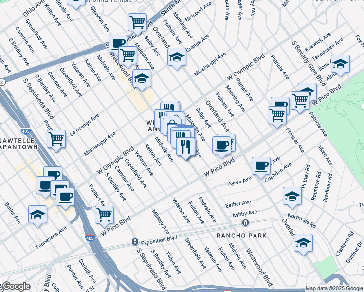 map of restaurants, bars, coffee shops, grocery stores, and more near 2311 Glendon Avenue in Los Angeles