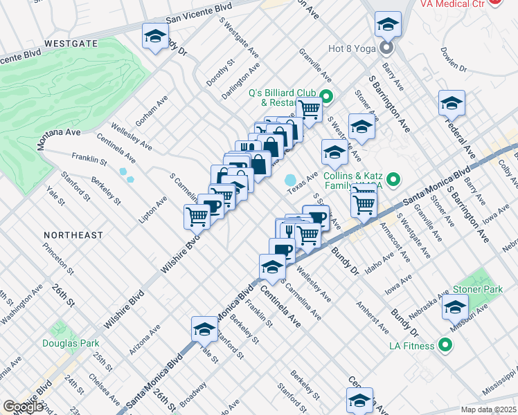map of restaurants, bars, coffee shops, grocery stores, and more near 1237 Amherst Avenue in Los Angeles