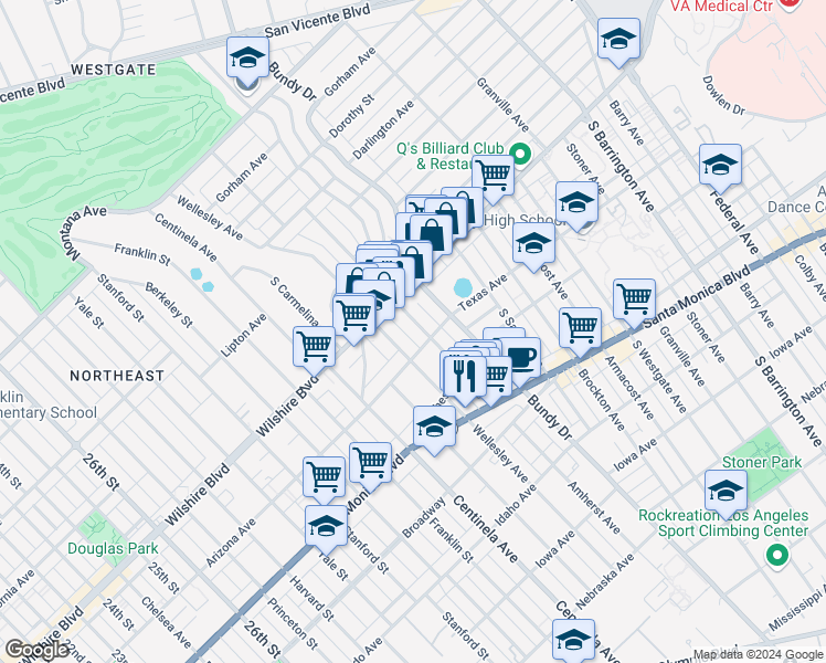 map of restaurants, bars, coffee shops, grocery stores, and more near 1237 Amherst Avenue in Los Angeles