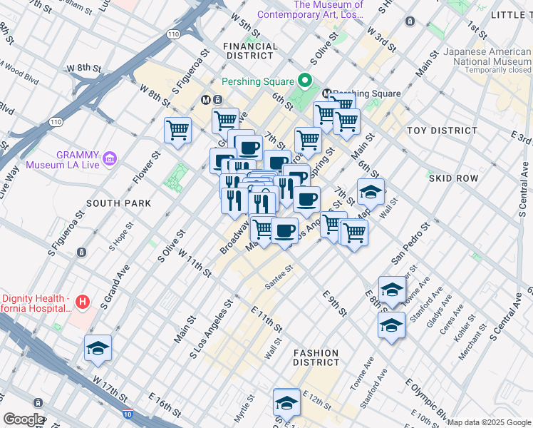 map of restaurants, bars, coffee shops, grocery stores, and more near 850 South Broadway in Los Angeles
