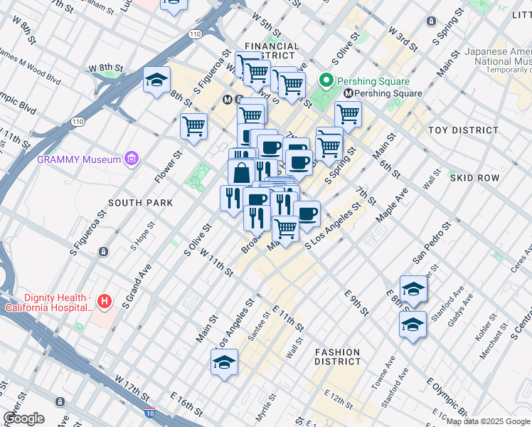 map of restaurants, bars, coffee shops, grocery stores, and more near 912 South Hill Street in Los Angeles