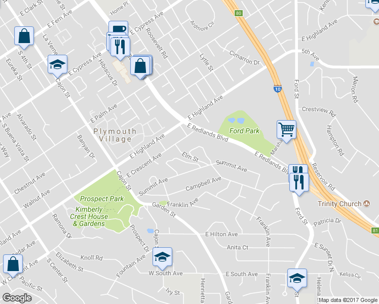 map of restaurants, bars, coffee shops, grocery stores, and more near 5 Bow C Street in Redlands