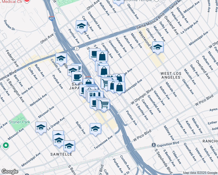 map of restaurants, bars, coffee shops, grocery stores, and more near 1954 Cotner Avenue in Los Angeles