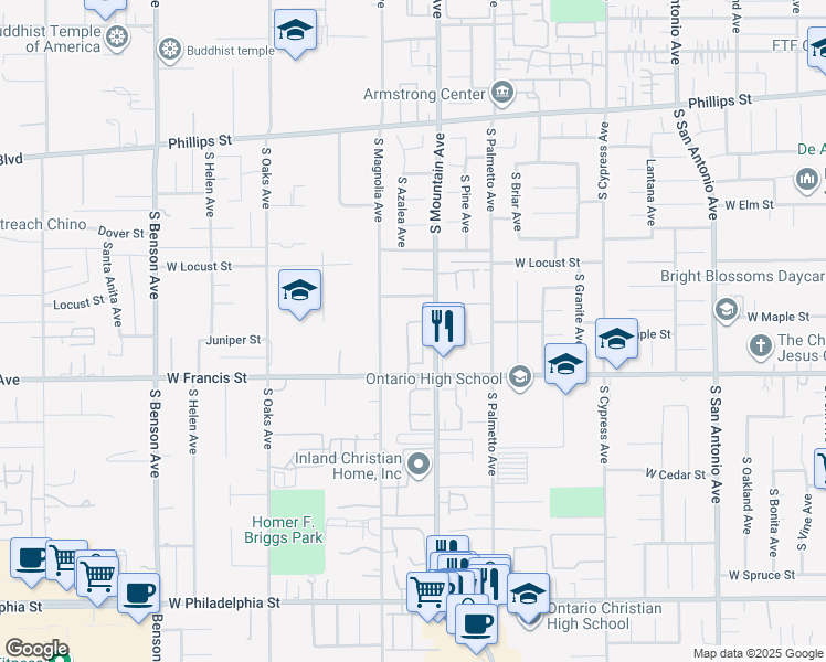 map of restaurants, bars, coffee shops, grocery stores, and more near 1712 South Mountain Avenue in Ontario
