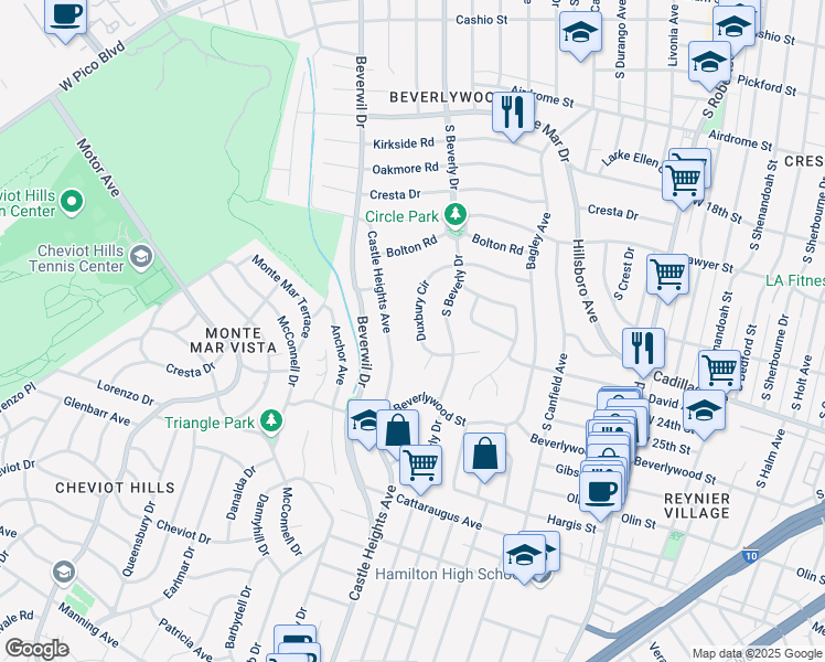 map of restaurants, bars, coffee shops, grocery stores, and more near 2301 Duxbury Circle in Los Angeles