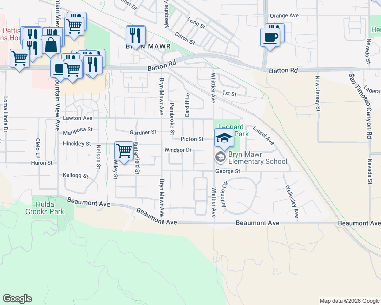 map of restaurants, bars, coffee shops, grocery stores, and more near 11630 Emerald Drive in Loma Linda