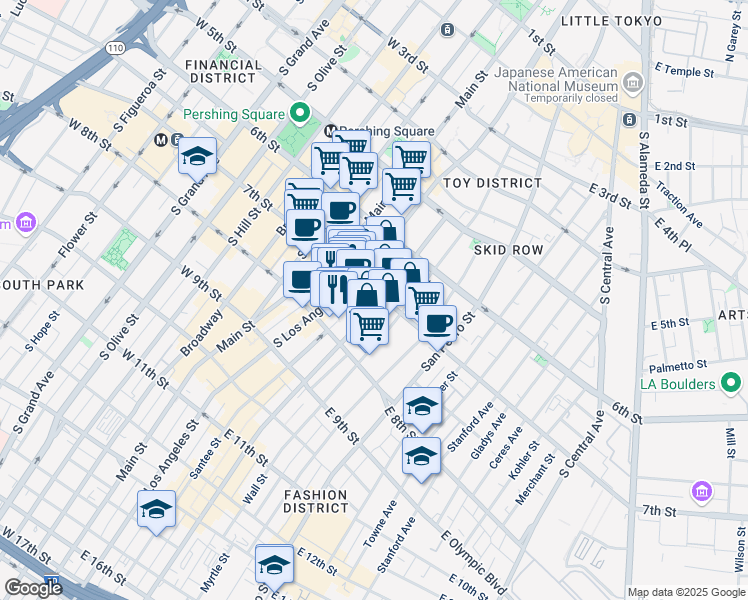map of restaurants, bars, coffee shops, grocery stores, and more near 701 Maple Avenue in Los Angeles