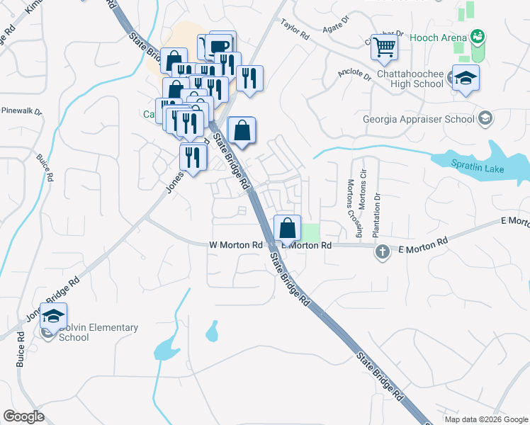 map of restaurants, bars, coffee shops, grocery stores, and more near 4901 Hudson Square in Johns Creek