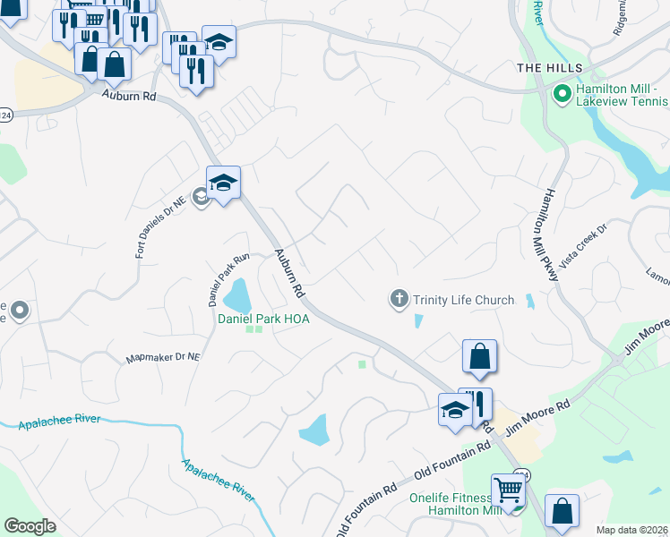 map of restaurants, bars, coffee shops, grocery stores, and more near 3012 McCannon Mill Drive in Dacula