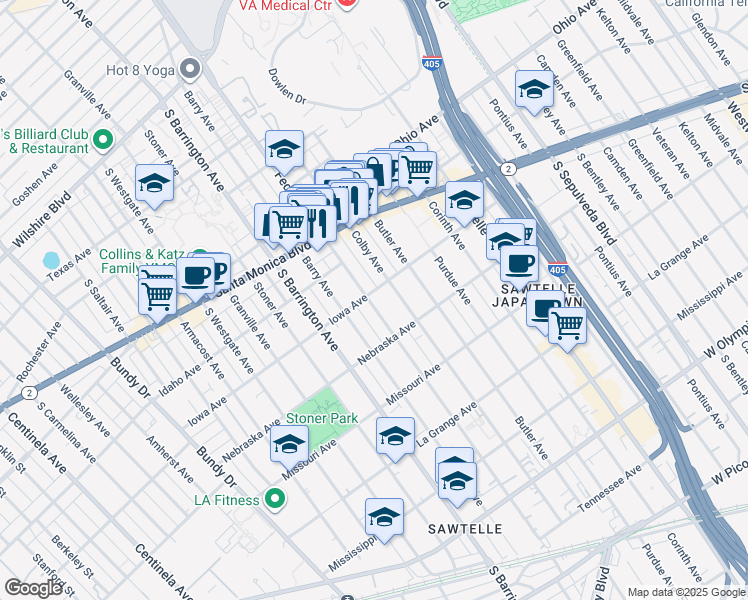 map of restaurants, bars, coffee shops, grocery stores, and more near 11578 Iowa Avenue in Los Angeles