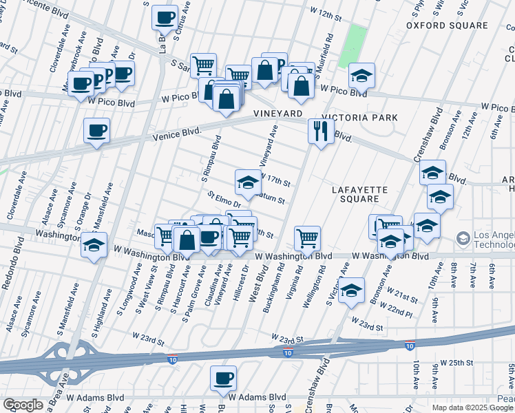 map of restaurants, bars, coffee shops, grocery stores, and more near 4547 Saint Elmo Drive in Los Angeles