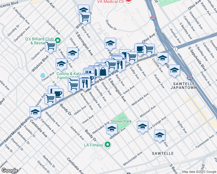 map of restaurants, bars, coffee shops, grocery stores, and more near 1527 Stoner Avenue in Los Angeles