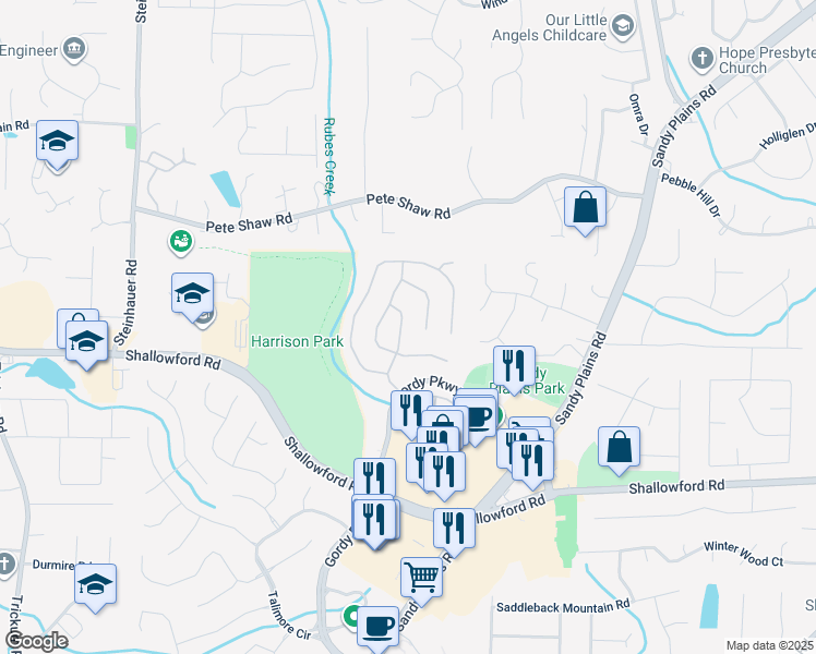 map of restaurants, bars, coffee shops, grocery stores, and more near 3676 Edenbourgh Place in Marietta