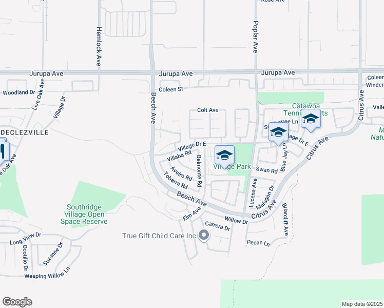 map of restaurants, bars, coffee shops, grocery stores, and more near 15457 Villaba Road in Fontana