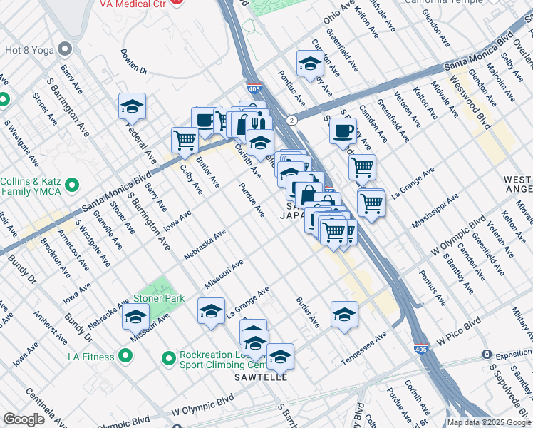 map of restaurants, bars, coffee shops, grocery stores, and more near 1816 Purdue Avenue in Los Angeles