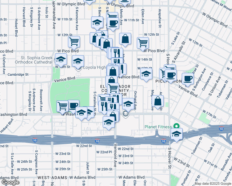 map of restaurants, bars, coffee shops, grocery stores, and more near 1708 Vermont Avenue in Los Angeles
