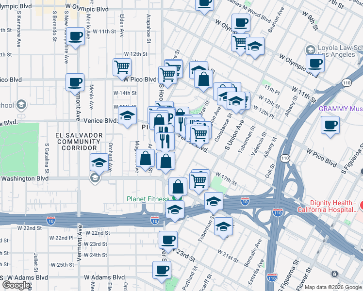map of restaurants, bars, coffee shops, grocery stores, and more near 1617 South Bonnie Brae Street in Los Angeles