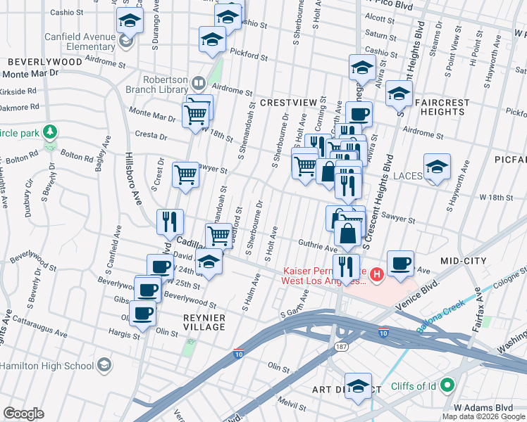 map of restaurants, bars, coffee shops, grocery stores, and more near 1942 South Sherbourne Drive in Los Angeles