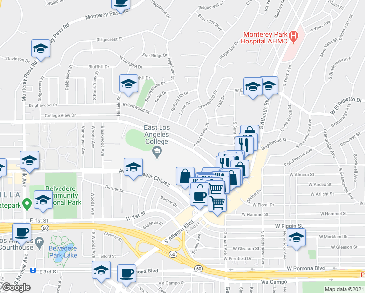 map of restaurants, bars, coffee shops, grocery stores, and more near 1200 West Floral Drive in Monterey Park