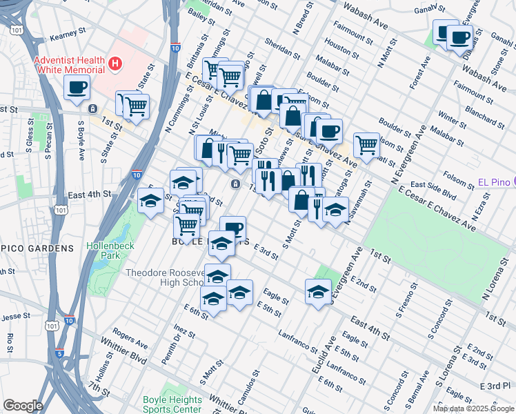 map of restaurants, bars, coffee shops, grocery stores, and more near 124 South Mathews Street in Los Angeles