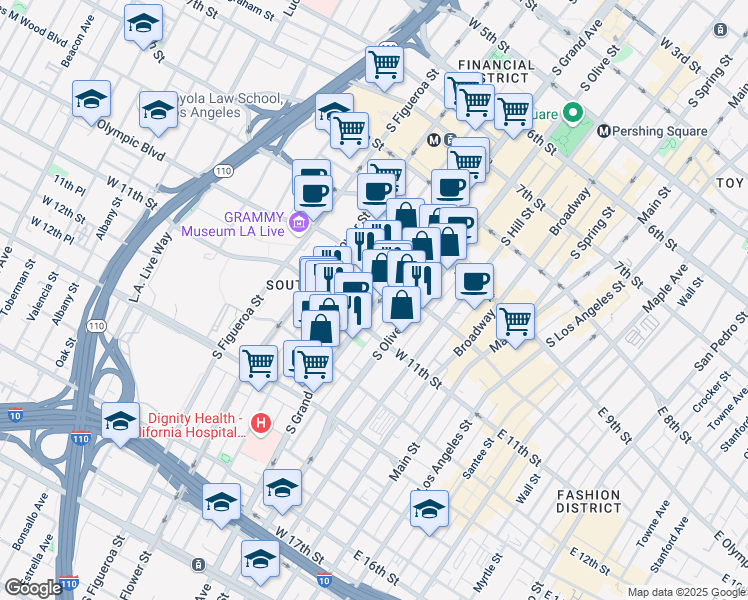 map of restaurants, bars, coffee shops, grocery stores, and more near 1029 South Grand Avenue in Los Angeles
