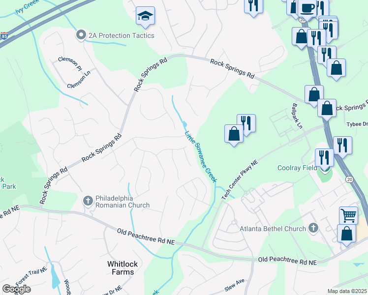 map of restaurants, bars, coffee shops, grocery stores, and more near 832 Rockfount Way Northeast in Lawrenceville