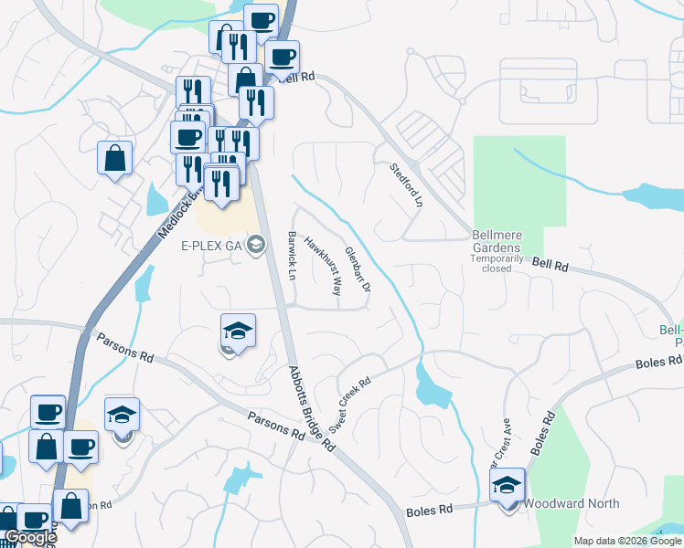 map of restaurants, bars, coffee shops, grocery stores, and more near 10740 Hawkhurst Way in Duluth