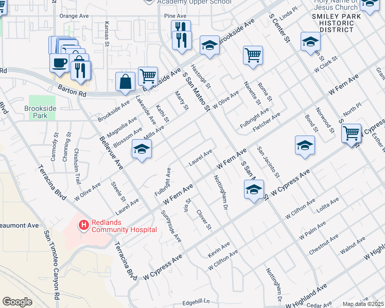 map of restaurants, bars, coffee shops, grocery stores, and more near 1239 Fulbright Avenue in Redlands