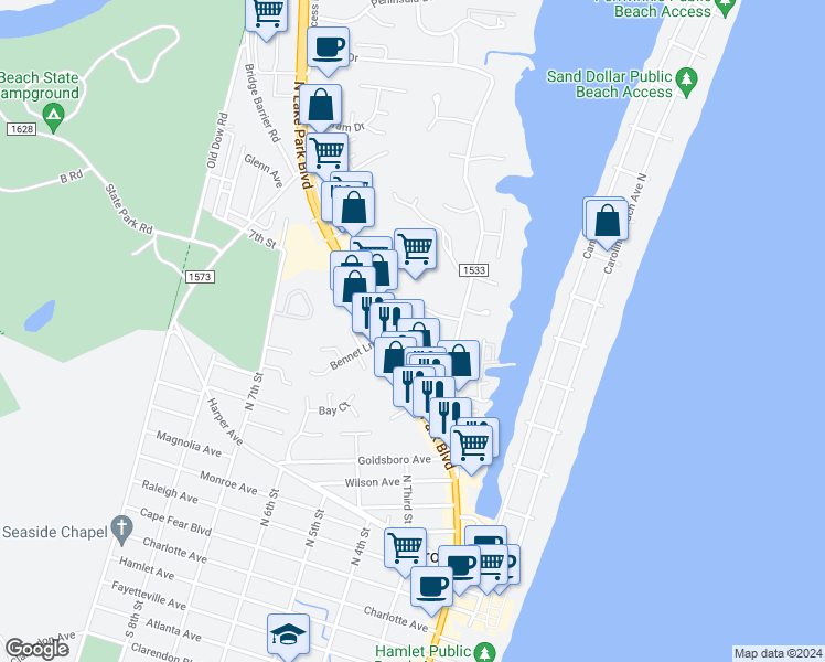 map of restaurants, bars, coffee shops, grocery stores, and more near 1000 North Lake Park Boulevard in Carolina Beach