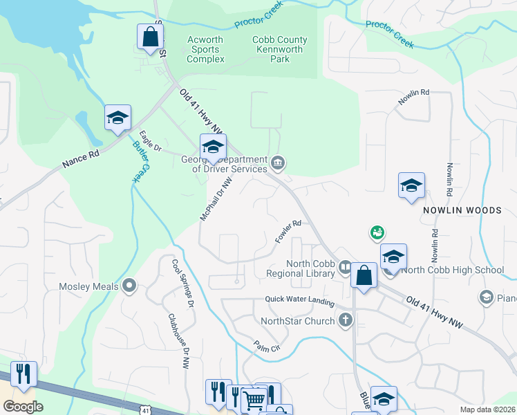 map of restaurants, bars, coffee shops, grocery stores, and more near 3654 Devon Park Lane Northwest in Kennesaw