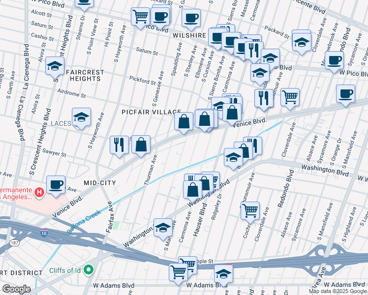 map of restaurants, bars, coffee shops, grocery stores, and more near 1830 S Curson Ave in Los Angeles