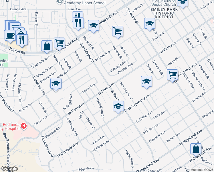 map of restaurants, bars, coffee shops, grocery stores, and more near 1202 West Fern Avenue in Redlands