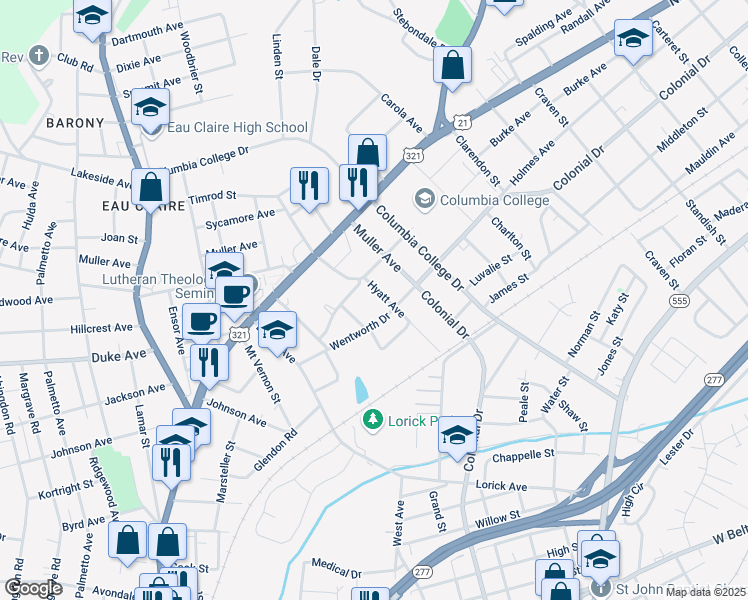 map of restaurants, bars, coffee shops, grocery stores, and more near 1410 Hyatt Avenue in Columbia
