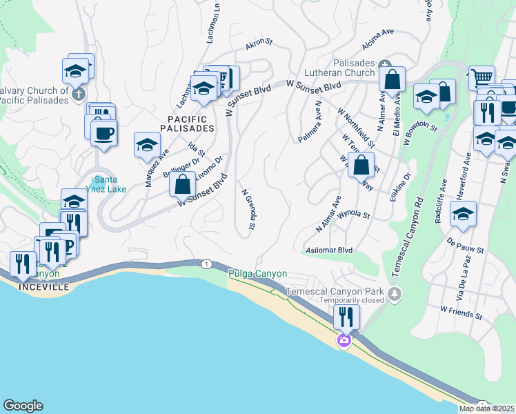 map of restaurants, bars, coffee shops, grocery stores, and more near 352 North Grenola Street in Los Angeles