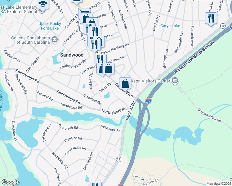 map of restaurants, bars, coffee shops, grocery stores, and more near 1635 Decker Boulevard in Columbia