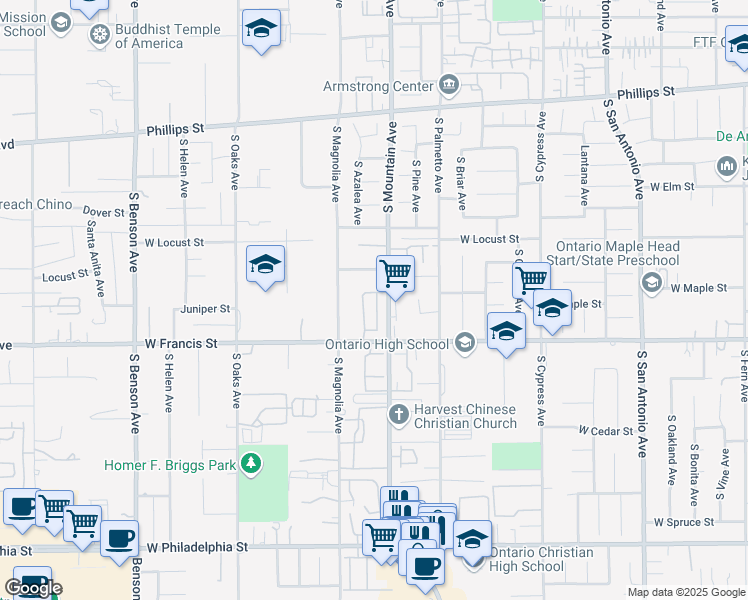 map of restaurants, bars, coffee shops, grocery stores, and more near 1710 South Mountain Avenue in Ontario
