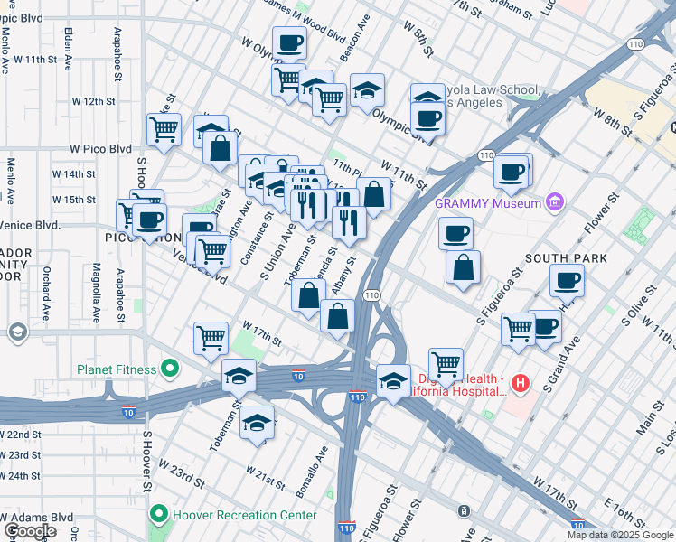 map of restaurants, bars, coffee shops, grocery stores, and more near 1337 Albany Street in Los Angeles