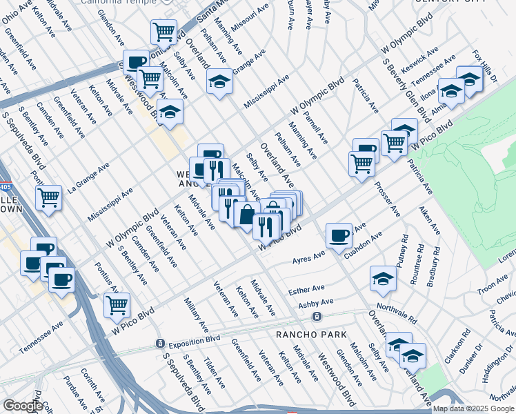 map of restaurants, bars, coffee shops, grocery stores, and more near 2337 Malcolm Avenue in Los Angeles