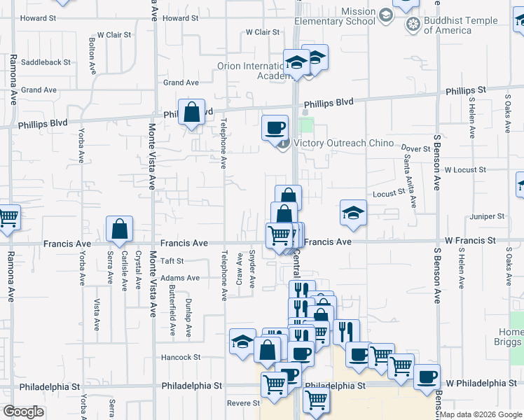 map of restaurants, bars, coffee shops, grocery stores, and more near 11620 Solaire Way in Chino