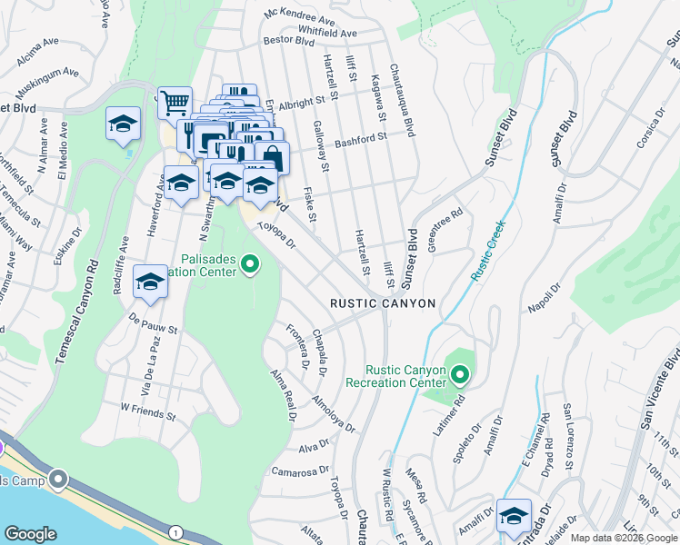 map of restaurants, bars, coffee shops, grocery stores, and more near 14840 Sunset Boulevard in Los Angeles