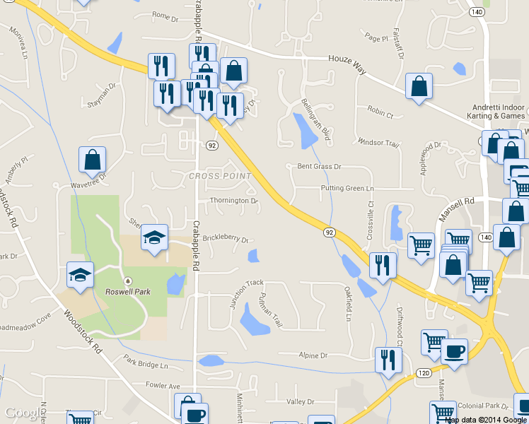 map of restaurants, bars, coffee shops, grocery stores, and more near 725 Thornington Drive in Roswell