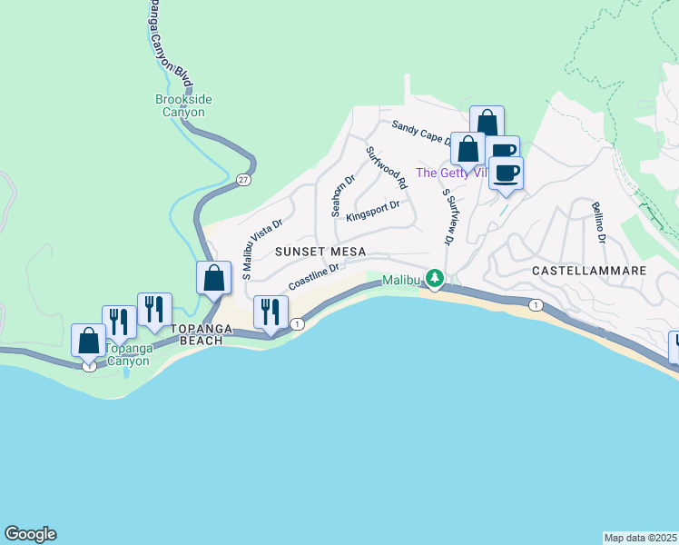 map of restaurants, bars, coffee shops, grocery stores, and more near 18254 Coastline Drive in Malibu