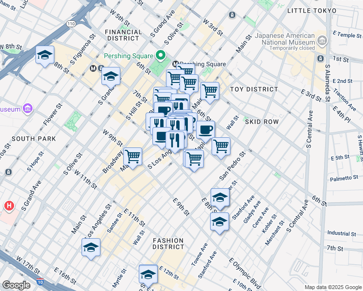 map of restaurants, bars, coffee shops, grocery stores, and more near 732 South Los Angeles Street in Los Angeles