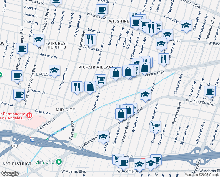 map of restaurants, bars, coffee shops, grocery stores, and more near 1818 Clyde Avenue in Los Angeles