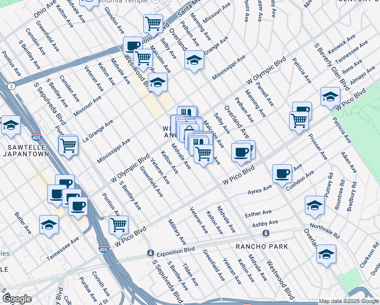 map of restaurants, bars, coffee shops, grocery stores, and more near 2283 Westwood Boulevard in Los Angeles