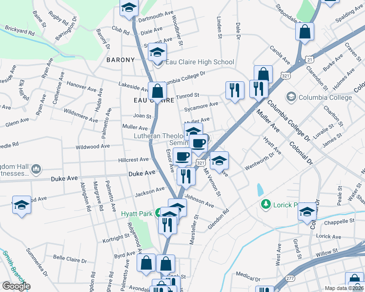 map of restaurants, bars, coffee shops, grocery stores, and more near 4201 Hillcrest Avenue in Columbia