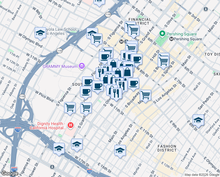 map of restaurants, bars, coffee shops, grocery stores, and more near 1000 South Grand Avenue in Los Angeles