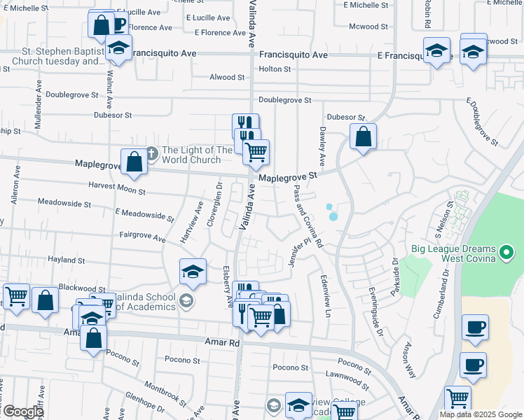map of restaurants, bars, coffee shops, grocery stores, and more near 1005 Meadowside Street in West Covina