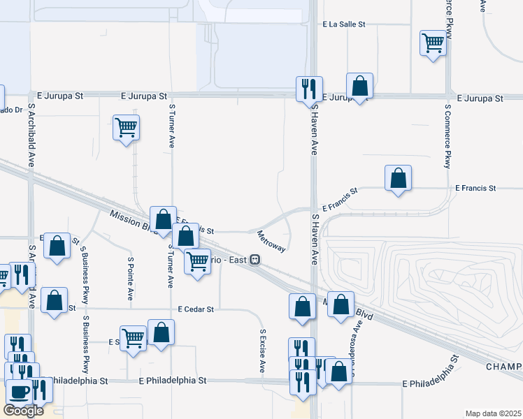 map of restaurants, bars, coffee shops, grocery stores, and more near 3371 East Francis Street in Ontario